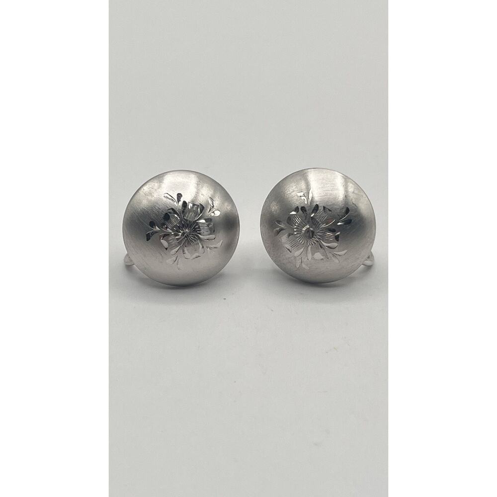Vintage Designer A&Z 925 Silver Earrings Round Diamond Cut Floral Screw Back